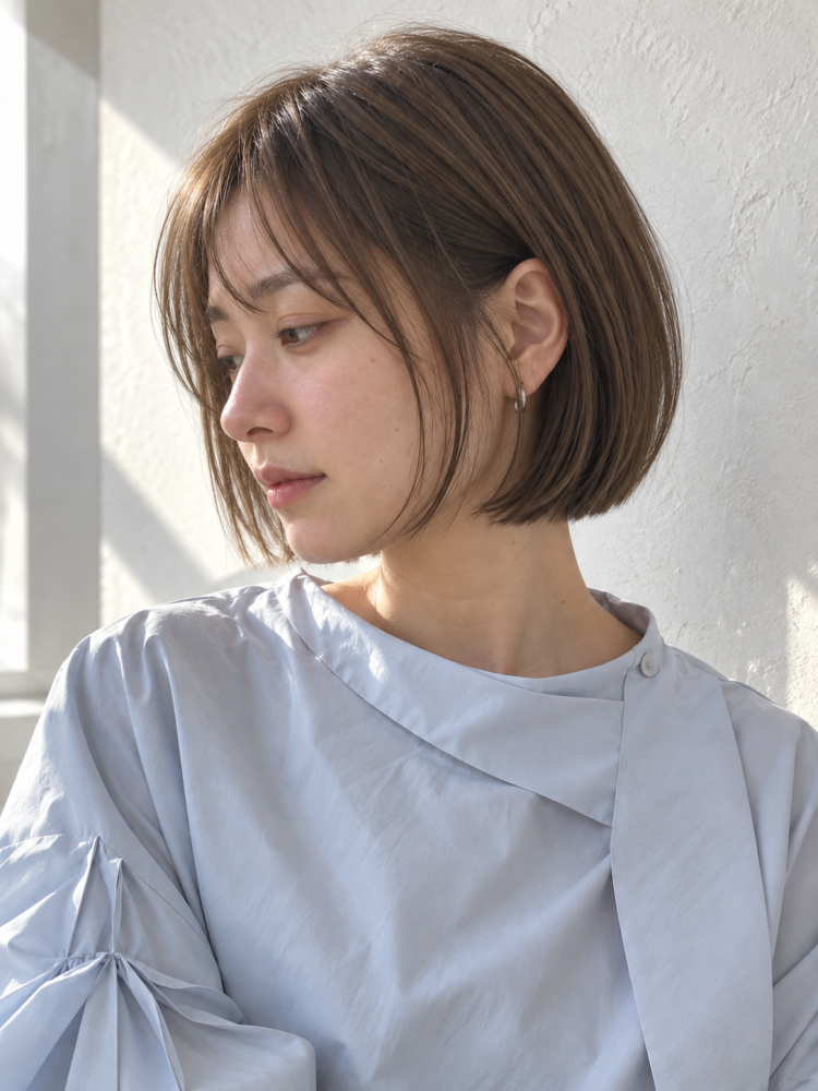 透け前髪とオリーブブラウンの柔らかボブ
