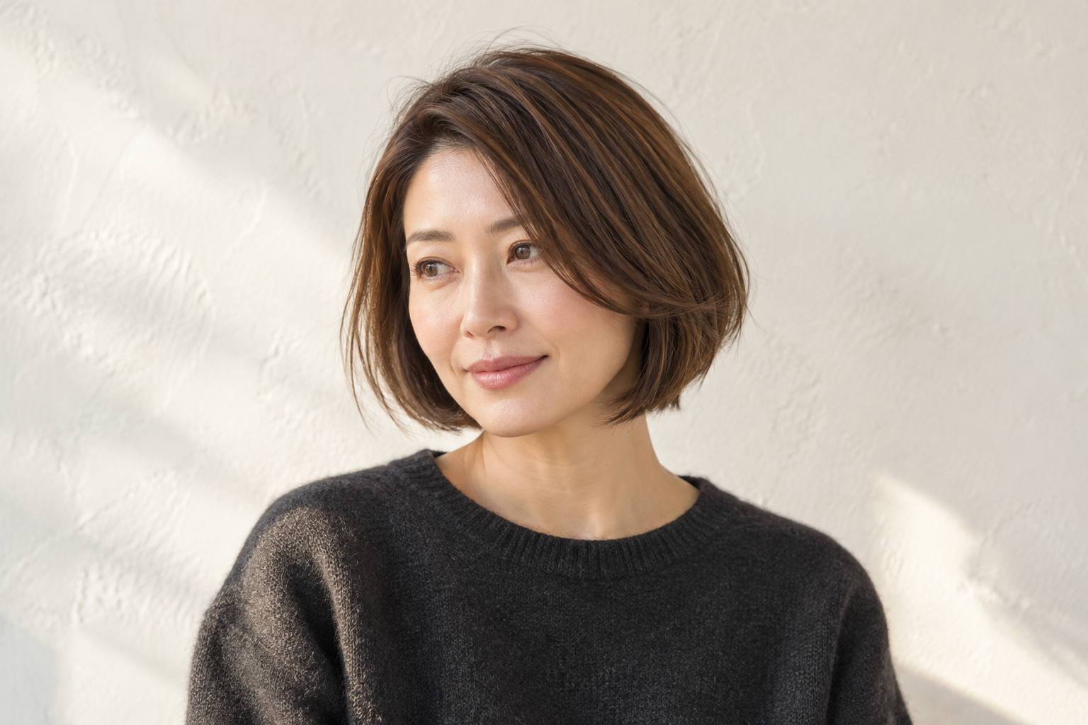 自然な分け目から左右へやわらかく流れるあご下のボブ