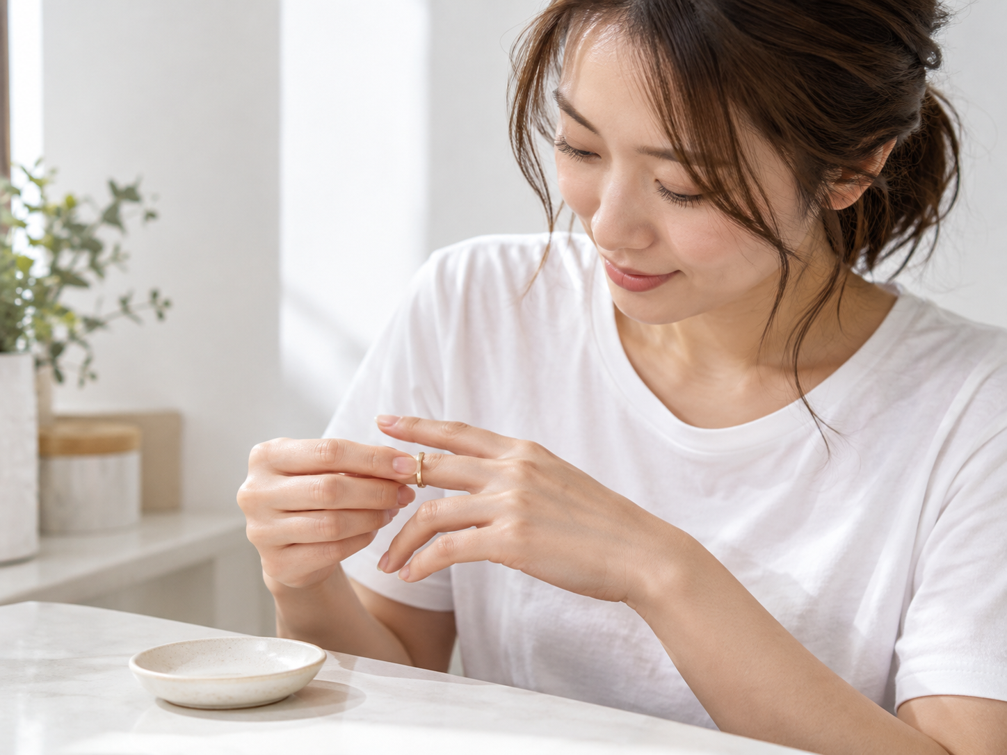 洗髪前に指輪を外す準備を表した自然なイメージ