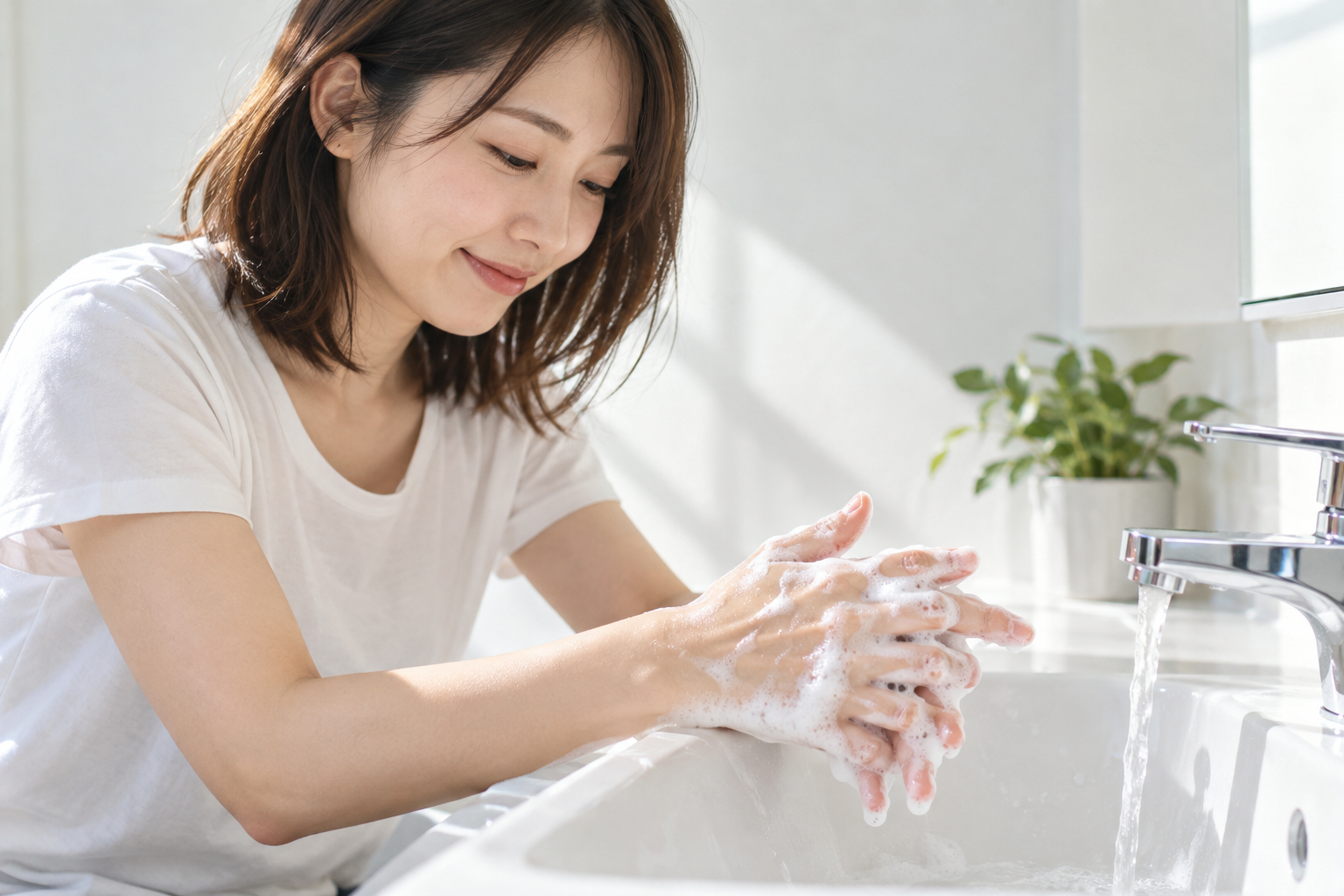 洗髪前の手洗い指先ケアの形や動作を示す自然なイメージ