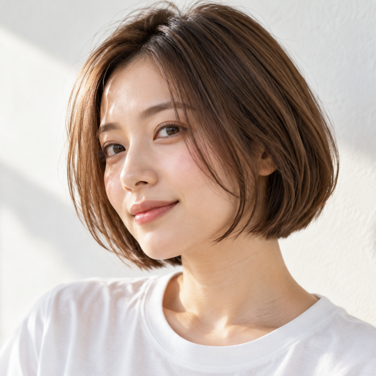 ボブ頬に沿う顔まわりレイヤーの形や動作を示す自然なイメージ
