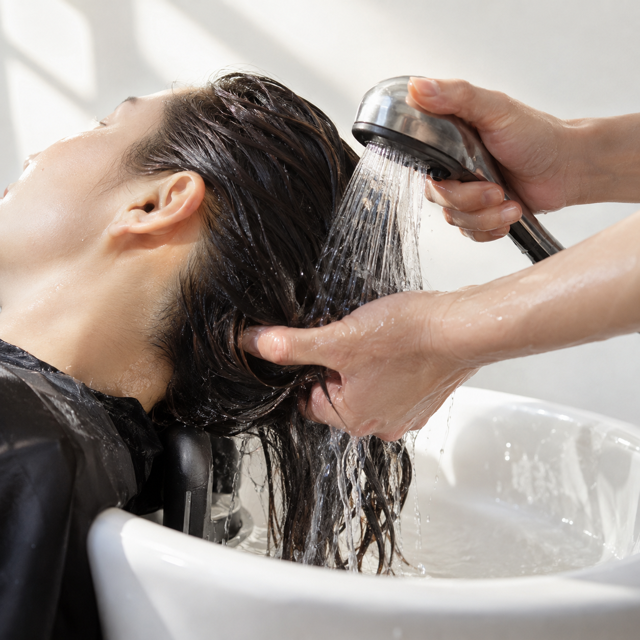 髪を分けながら後頭部とえり足の内側へお湯を通してすすぐ様子