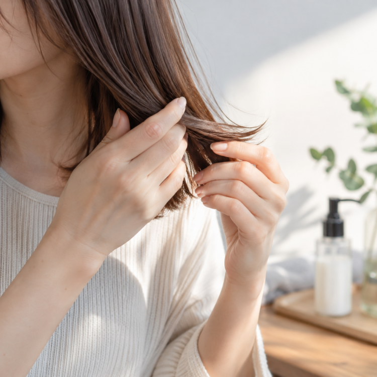 中間から毛先へ洗い流さないヘアケアをなじませる手元