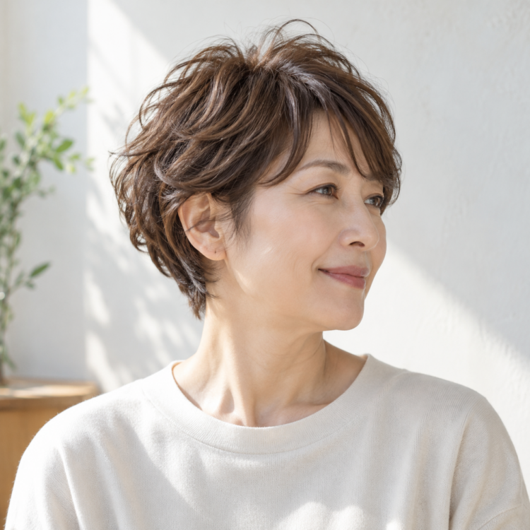 自然な丸みとやわらかな毛先の動きがある大人女性のショート