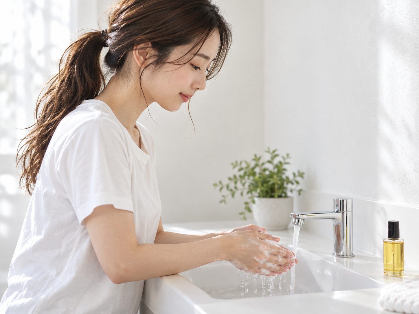 ヘアオイル使用後の手洗いを表した自然なイメージ
