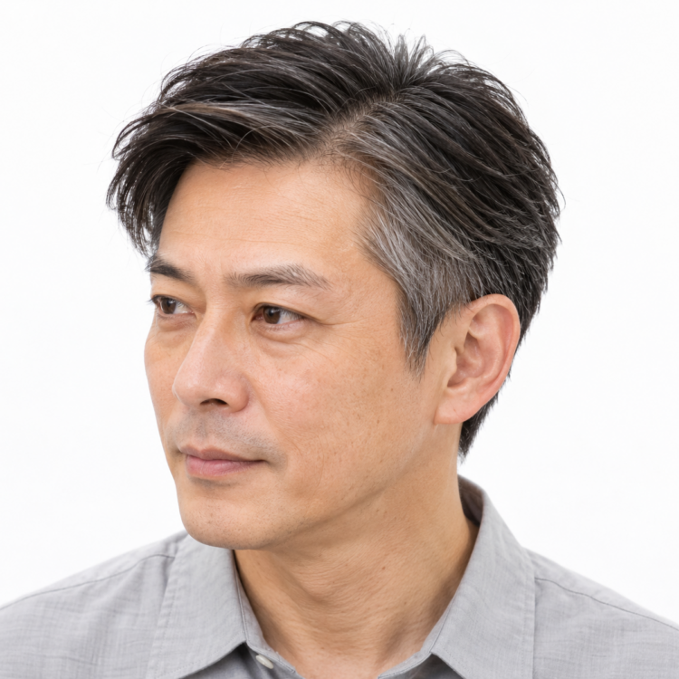 耳まわりと襟足を整えた白髪混じりのメンズショート