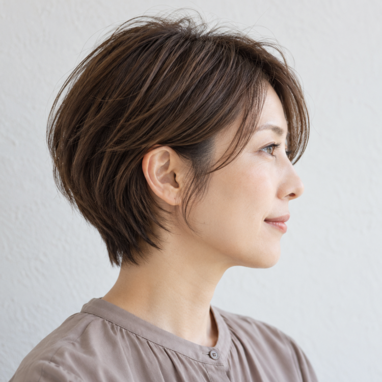 もみあげと耳前の自然な毛流れが分かる大人女性のショート