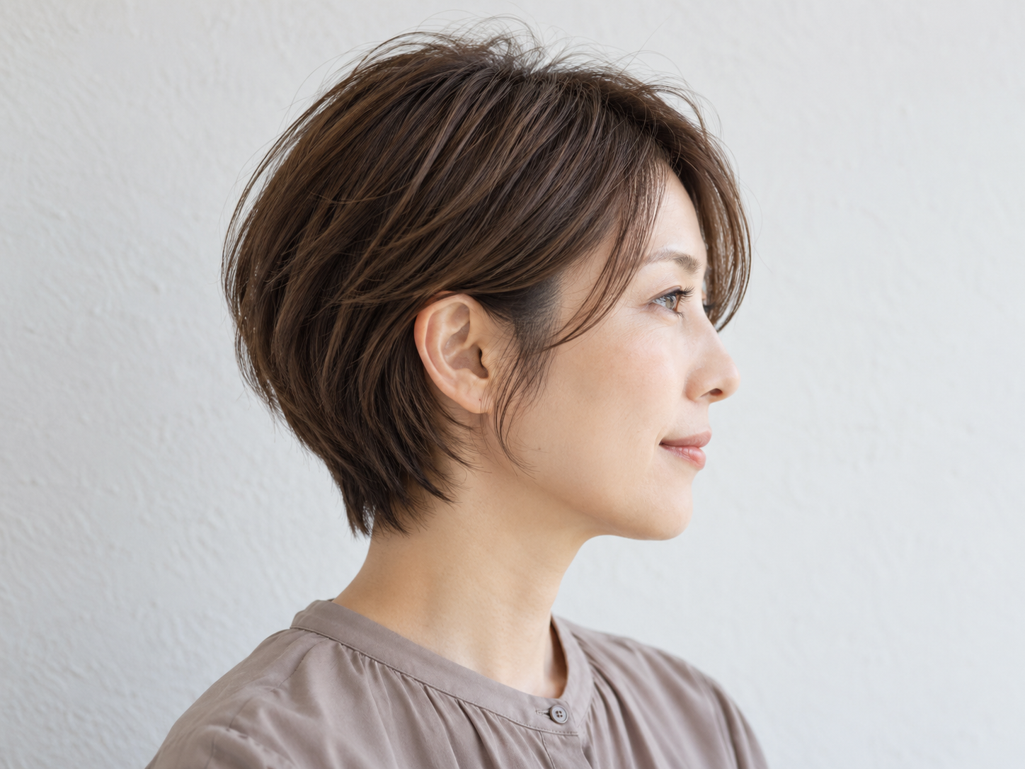 もみあげと耳前の自然な毛流れが分かる大人女性のショート