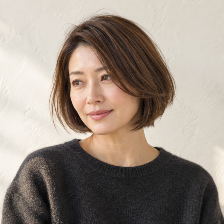 自然な分け目から左右へやわらかく流れるあご下のボブ