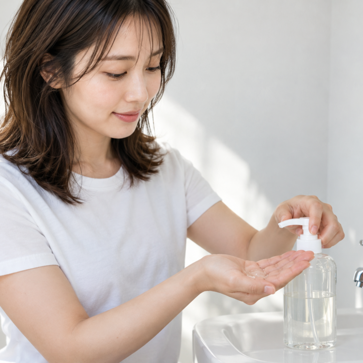 手のひらにシャンプーを少量出すを表した自然なイメージ