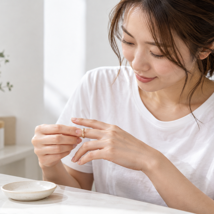 洗髪前に指輪を外す準備を表した自然なイメージ